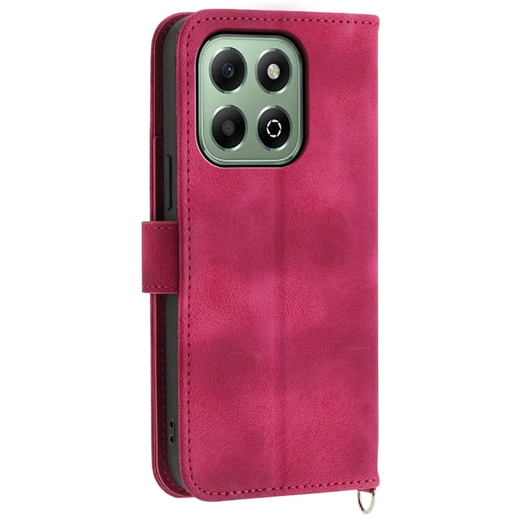For Honor X6b 4G Case Flower Pattern PU Leather Wallet Phone Cover with Strap - Wine Red