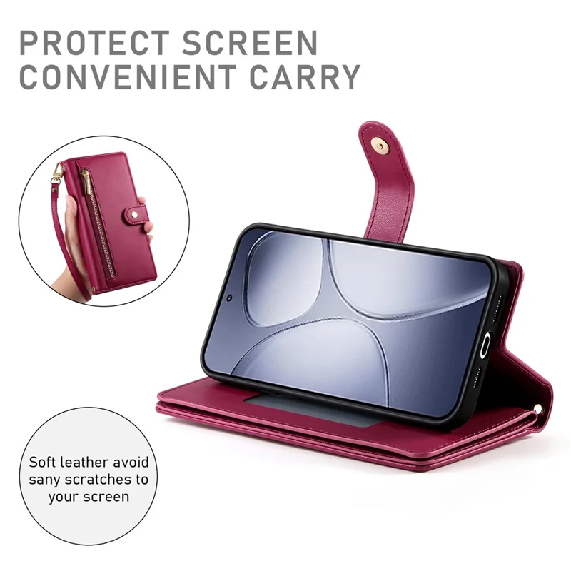 DF-011 Etui na Xiaomi Redmi K70 Ultra z kieszenią na zamku, portfel, skórzane etui z paskami - Czerwony