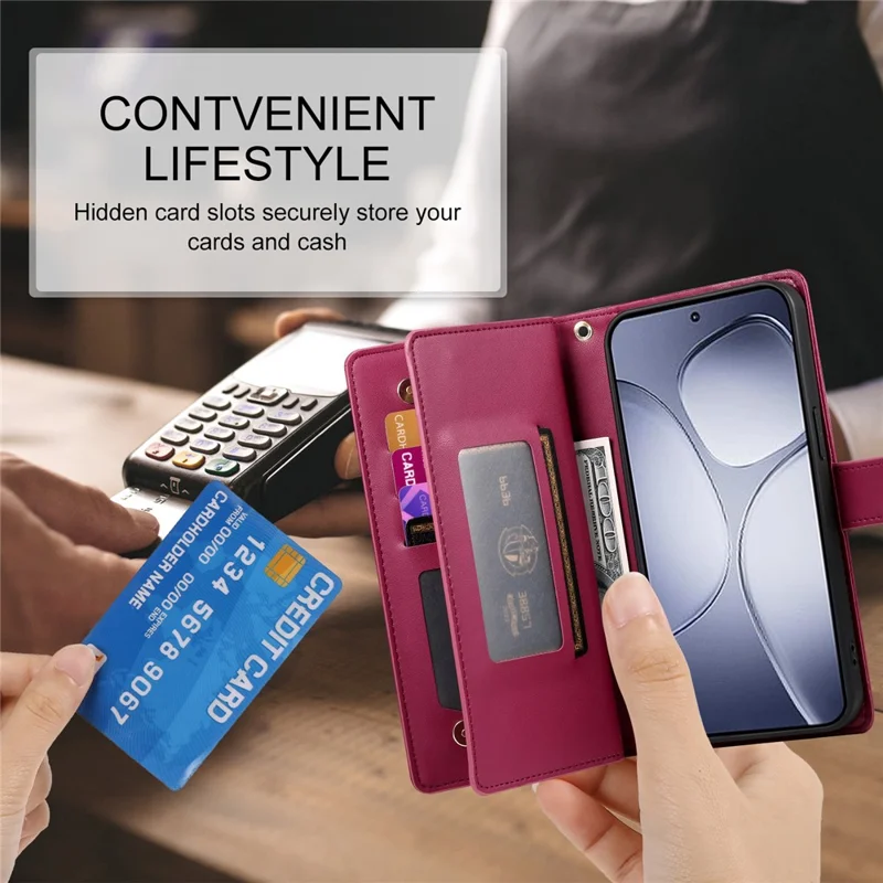 DF-011 Etui na Xiaomi Redmi K70 Ultra z kieszenią na zamku, portfel, skórzane etui z paskami - Czerwony