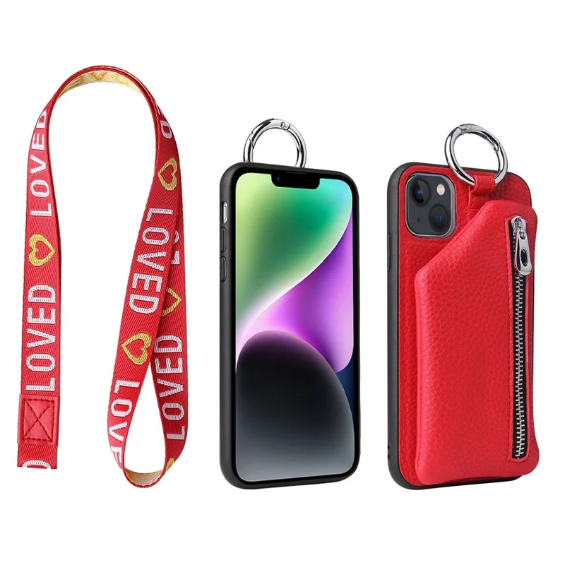For iPhone 14 Plus Bump Proof Detachable Wallet PU Leather Coated TPU Phone Case Zipper Pocket Protective Cover with Lanyard - Red