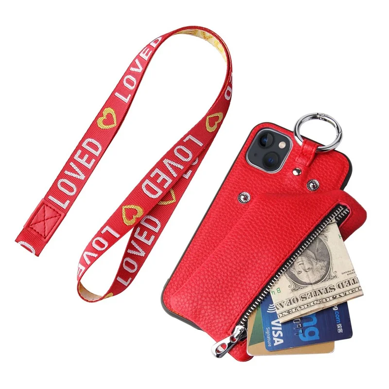 For iPhone 14 Plus Bump Proof Detachable Wallet PU Leather Coated TPU Phone Case Zipper Pocket Protective Cover with Lanyard - Red