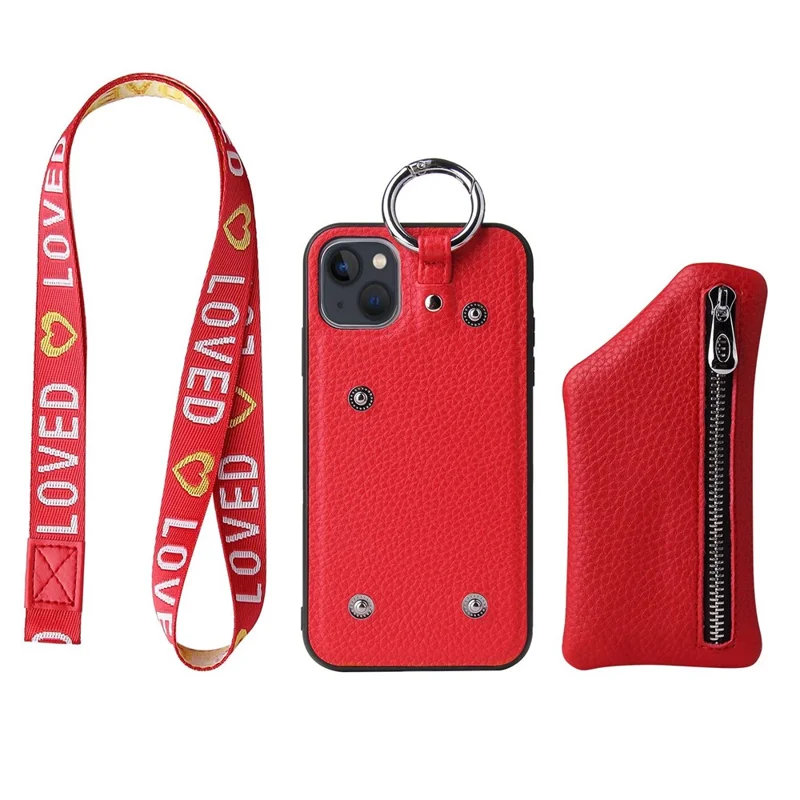 For iPhone 14 Plus Bump Proof Detachable Wallet PU Leather Coated TPU Phone Case Zipper Pocket Protective Cover with Lanyard - Red