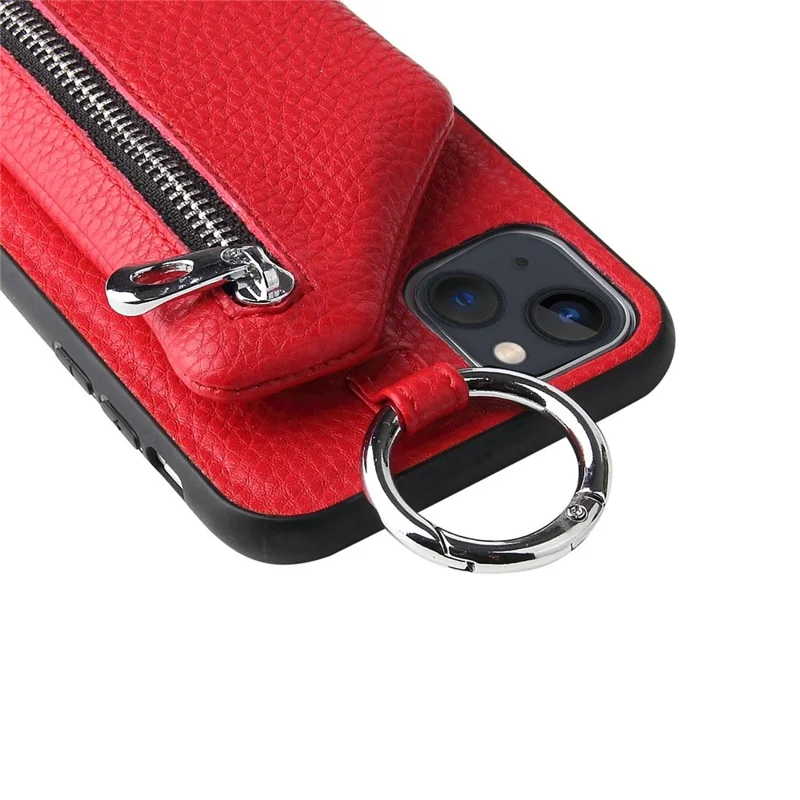 For iPhone 14 Plus Bump Proof Detachable Wallet PU Leather Coated TPU Phone Case Zipper Pocket Protective Cover with Lanyard - Red