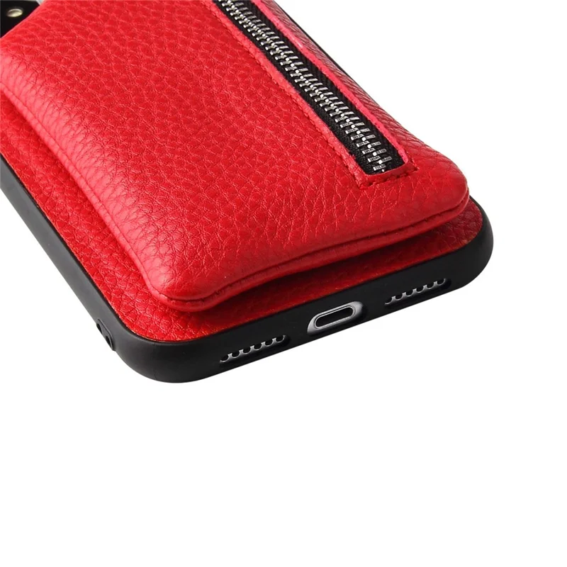 For iPhone 14 Plus Bump Proof Detachable Wallet PU Leather Coated TPU Phone Case Zipper Pocket Protective Cover with Lanyard - Red