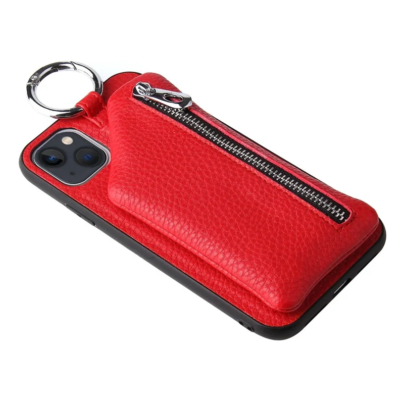 For iPhone 14 Plus Bump Proof Detachable Wallet PU Leather Coated TPU Phone Case Zipper Pocket Protective Cover with Lanyard - Red