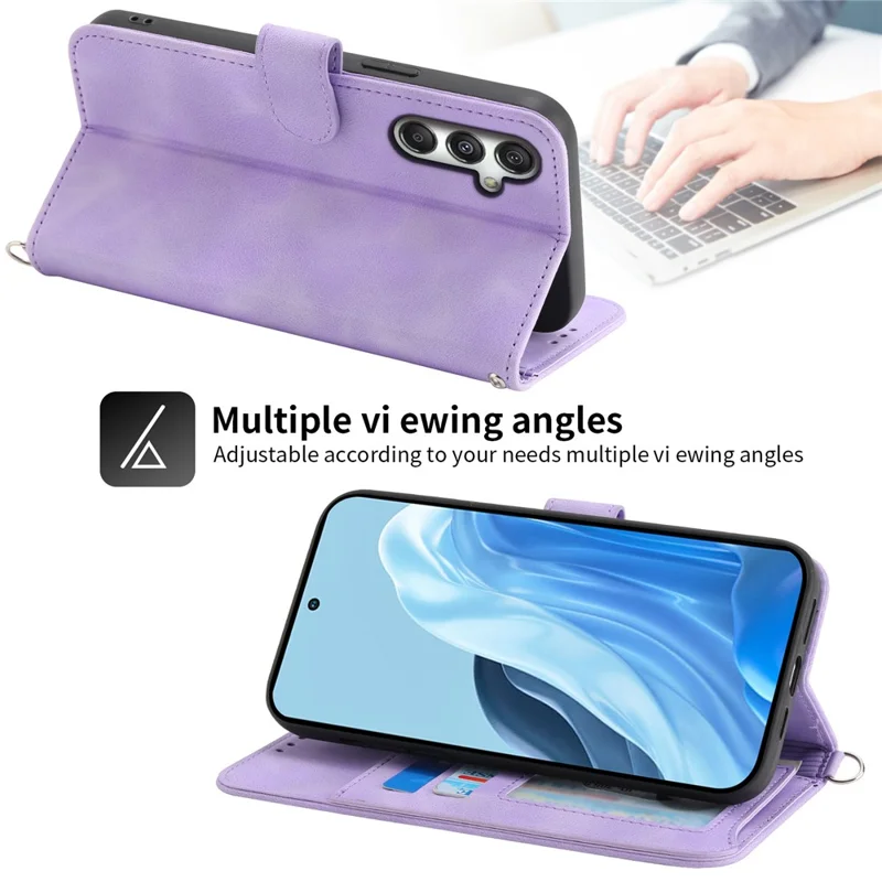 For Samsung Galaxy M35 5G Case Flower Pattern PU Leather Wallet Phone Cover with Strap - Light Purple