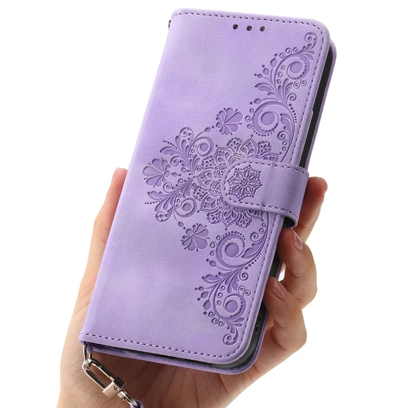 For Samsung Galaxy M35 5G Case Flower Pattern PU Leather Wallet Phone Cover with Strap - Light Purple