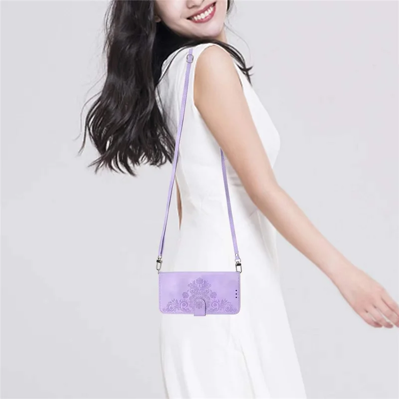 For Samsung Galaxy M35 5G Case Flower Pattern PU Leather Wallet Phone Cover with Strap - Light Purple