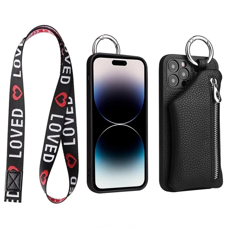 Funda protectora con bolsillo con cremallera y cordón para iPhone 14 Pro Max, de piel sintética con revestimiento de TPU - Negro