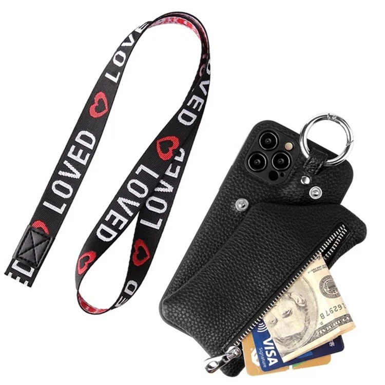 Funda protectora con bolsillo con cremallera y cordón para iPhone 14 Pro Max, de piel sintética con revestimiento de TPU - Negro