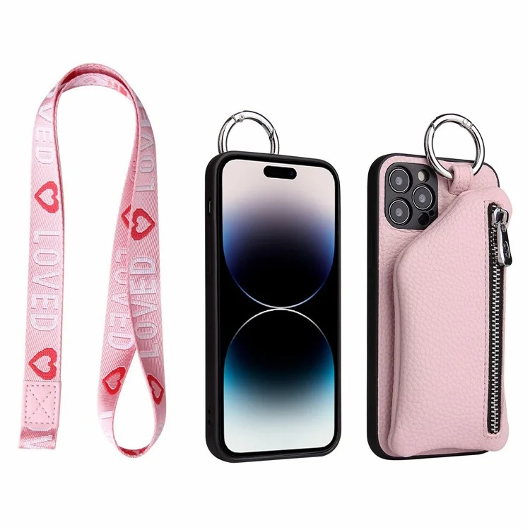 Funda protectora con bolsillo con cremallera y cordón para iPhone 14 Pro Max, de piel sintética con revestimiento de TPU - Negro