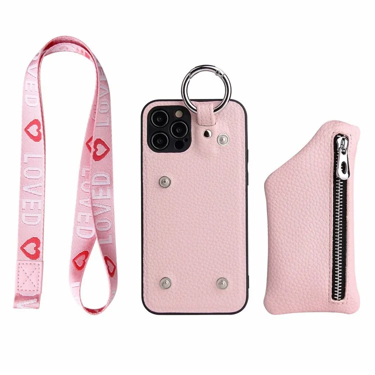 Funda protectora con bolsillo con cremallera y cordón para iPhone 14 Pro Max, de piel sintética con revestimiento de TPU - Negro
