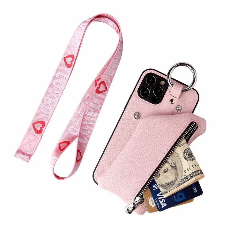 Funda protectora con bolsillo con cremallera y cordón para iPhone 14 Pro Max, de piel sintética con revestimiento de TPU - Negro