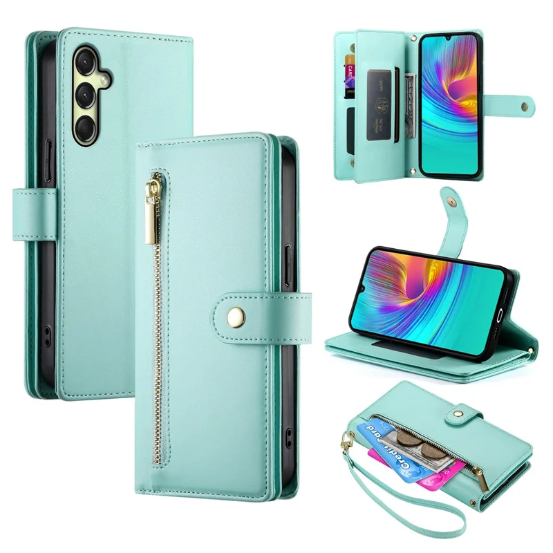 DF-011 For Samsung Galaxy A16 5G / A16 4G Case Zipper Pocket Wallet Leather Phone Cover with Straps - Mint Green