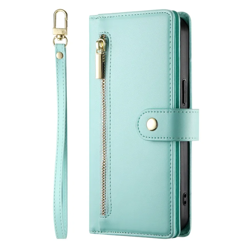 DF-011 For Samsung Galaxy A16 5G / A16 4G Case Zipper Pocket Wallet Leather Phone Cover with Straps - Mint Green