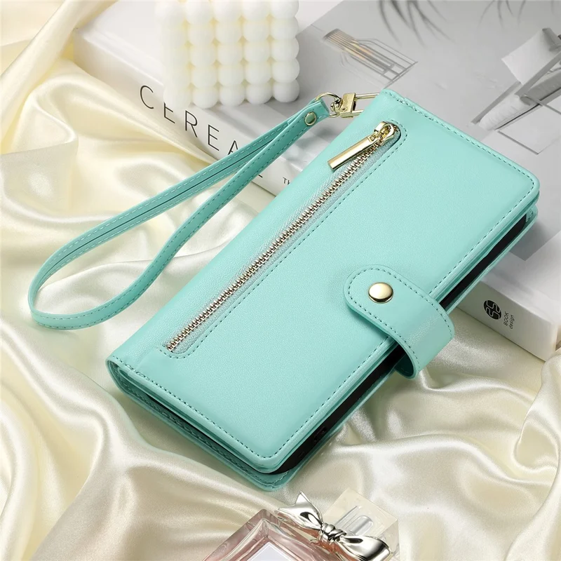 DF-011 For Samsung Galaxy A16 5G / A16 4G Case Zipper Pocket Wallet Leather Phone Cover with Straps - Mint Green
