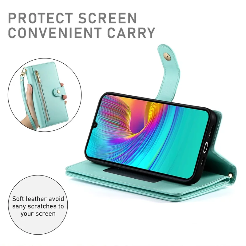 DF-011 For Samsung Galaxy A16 5G / A16 4G Case Zipper Pocket Wallet Leather Phone Cover with Straps - Mint Green