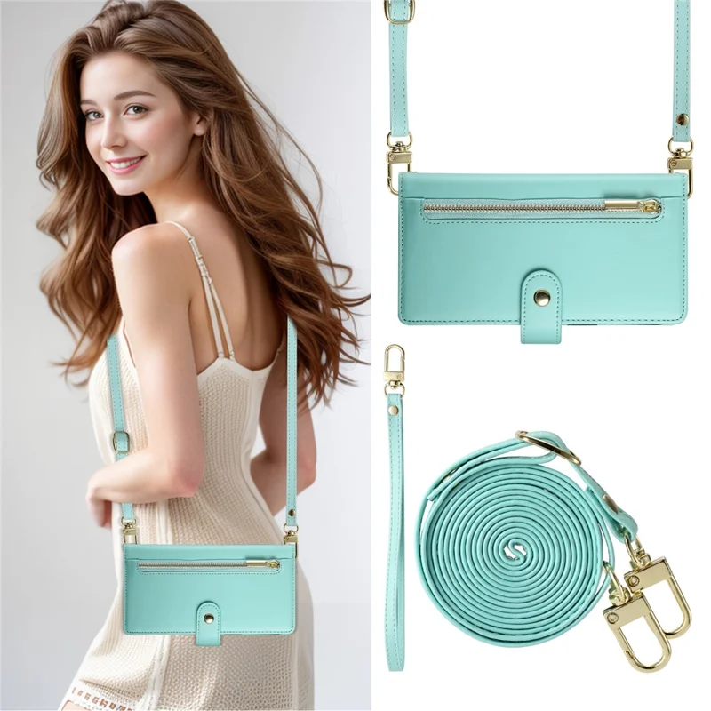 DF-011 For Samsung Galaxy A16 5G / A16 4G Case Zipper Pocket Wallet Leather Phone Cover with Straps - Mint Green