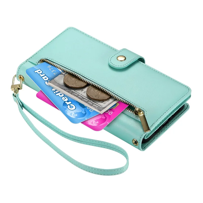 DF-011 For Samsung Galaxy A16 5G / A16 4G Case Zipper Pocket Wallet Leather Phone Cover with Straps - Mint Green