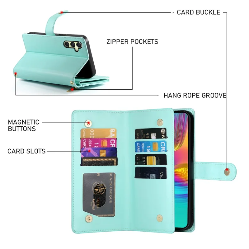 DF-011 For Samsung Galaxy A16 5G / A16 4G Case Zipper Pocket Wallet Leather Phone Cover with Straps - Mint Green