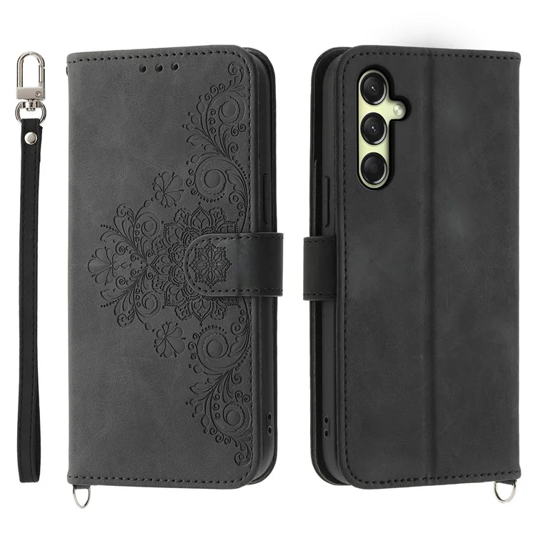 Per Samsung Galaxy A16 5G / A16 4G Case Flower Pattern PU Leather Wallet Phone Cover with Strap - Black