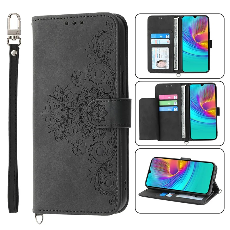 Per Samsung Galaxy A16 5G / A16 4G Case Flower Pattern PU Leather Wallet Phone Cover with Strap - Black