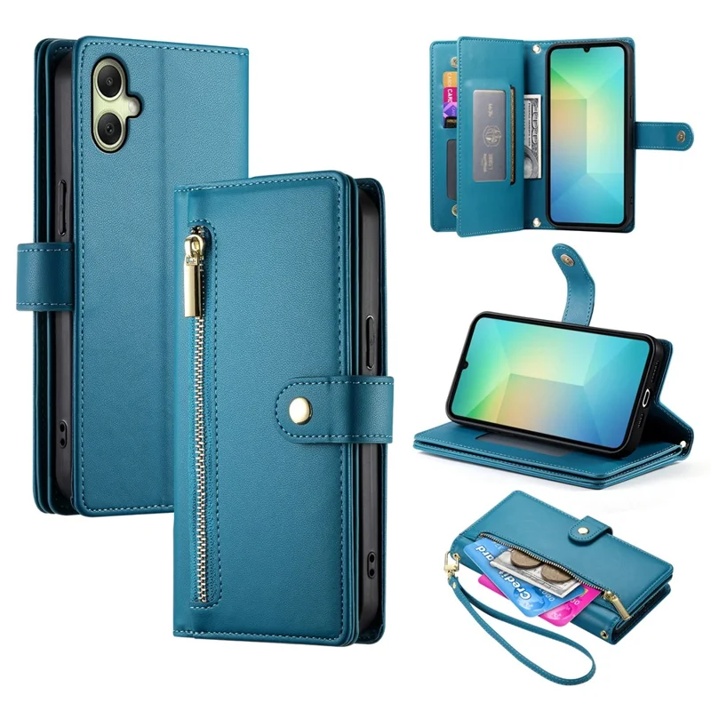 DF-011 For Samsung Galaxy A06 4G Case Zipper Pocket Wallet Leather Phone Cover with Straps - Blue