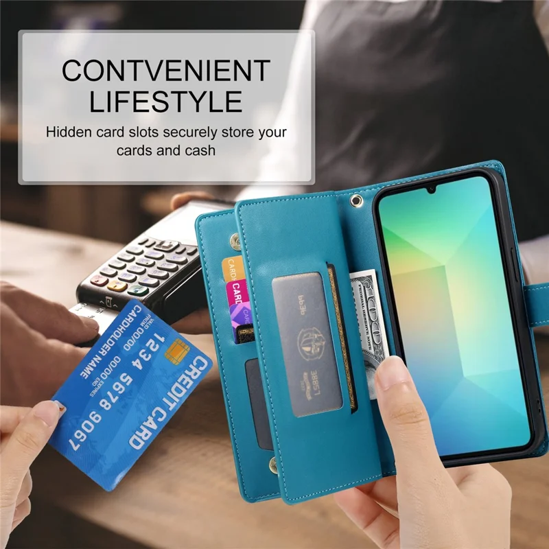 DF-011 For Samsung Galaxy A06 4G Case Zipper Pocket Wallet Leather Phone Cover with Straps - Blue