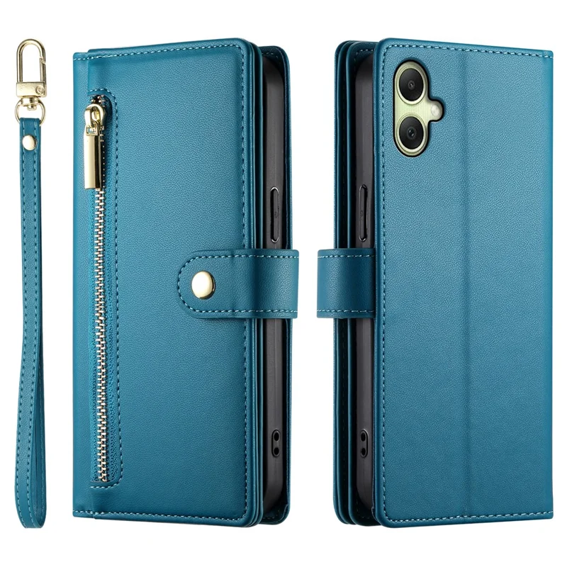 DF-011 For Samsung Galaxy A06 4G Case Zipper Pocket Wallet Leather Phone Cover with Straps - Blue