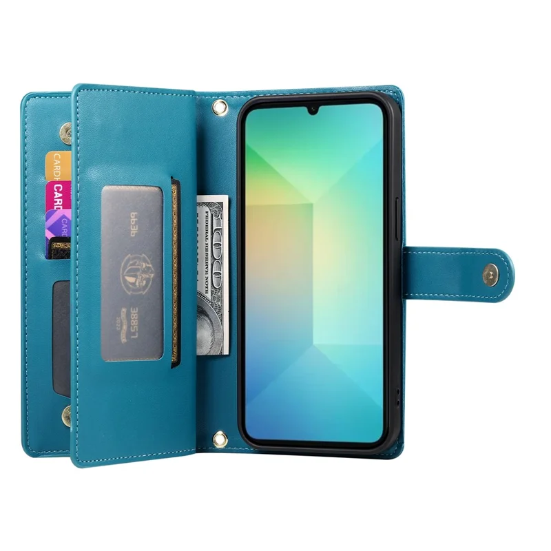 DF-011 For Samsung Galaxy A06 4G Case Zipper Pocket Wallet Leather Phone Cover with Straps - Blue