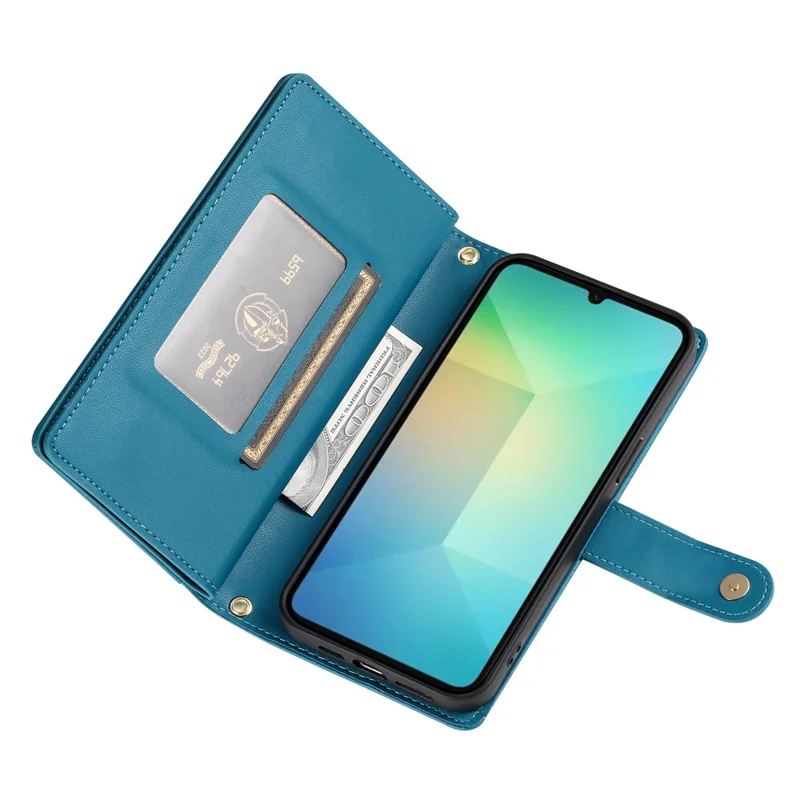 DF-011 For Samsung Galaxy A06 4G Case Zipper Pocket Wallet Leather Phone Cover with Straps - Blue
