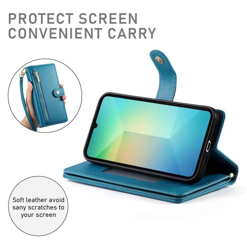 DF-011 For Samsung Galaxy A06 4G Case Zipper Pocket Wallet Leather Phone Cover with Straps - Blue