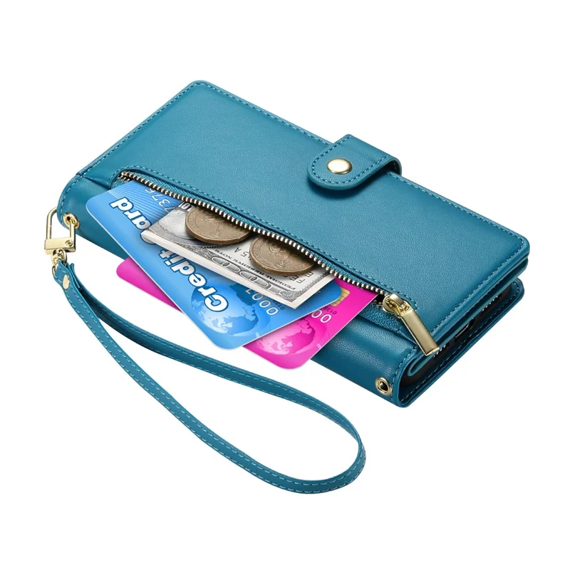 DF-011 For Samsung Galaxy A06 4G Case Zipper Pocket Wallet Leather Phone Cover with Straps - Blue