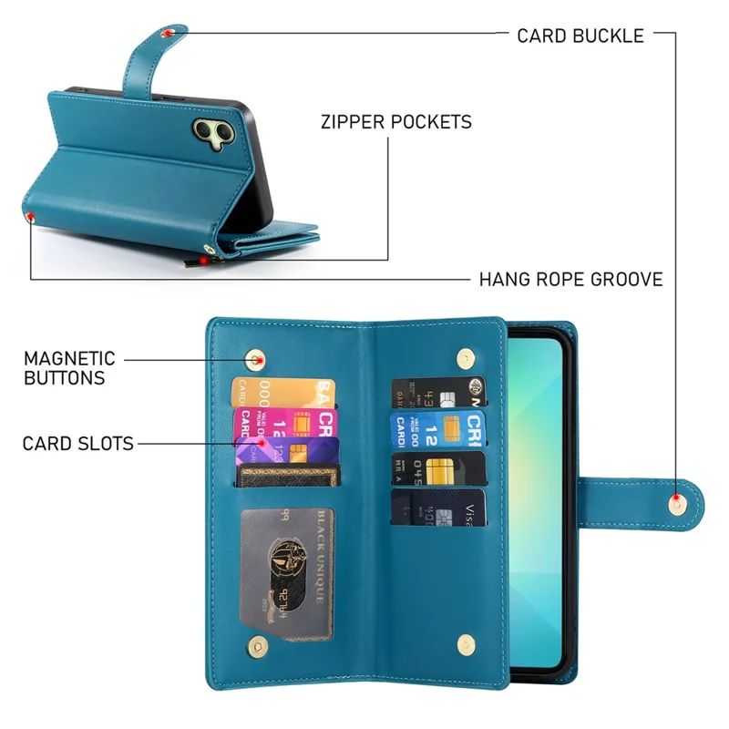 DF-011 For Samsung Galaxy A06 4G Case Zipper Pocket Wallet Leather Phone Cover with Straps - Blue
