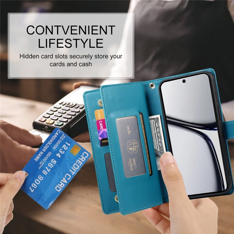 DF-011 For Realme C65 4G Case Zipper Pocket Wallet Leather Phone Cover with Straps - Blue