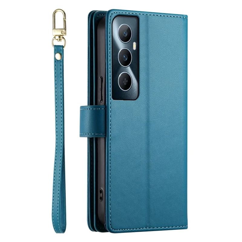 DF-011 For Realme C65 4G Case Zipper Pocket Wallet Leather Phone Cover with Straps - Blue