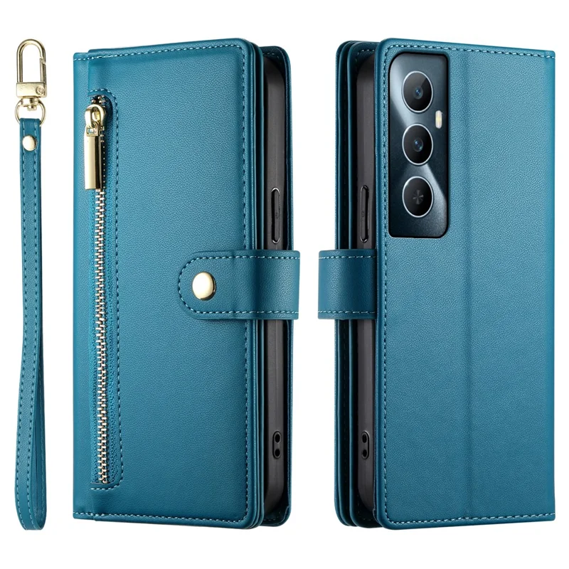 DF-011 For Realme C65 4G Case Zipper Pocket Wallet Leather Phone Cover with Straps - Blue