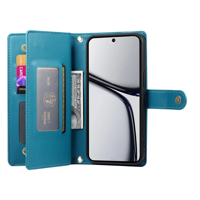 DF-011 For Realme C65 4G Case Zipper Pocket Wallet Leather Phone Cover with Straps - Blue