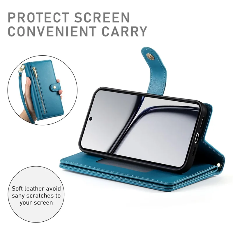 DF-011 For Realme C65 4G Case Zipper Pocket Wallet Leather Phone Cover with Straps - Blue