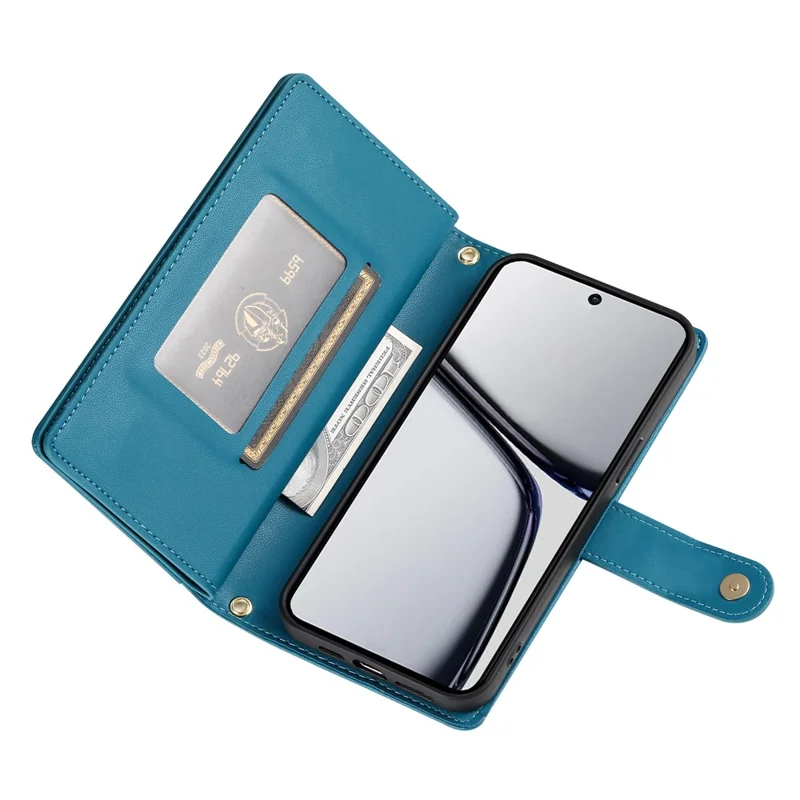 DF-011 For Realme C65 4G Case Zipper Pocket Wallet Leather Phone Cover with Straps - Blue
