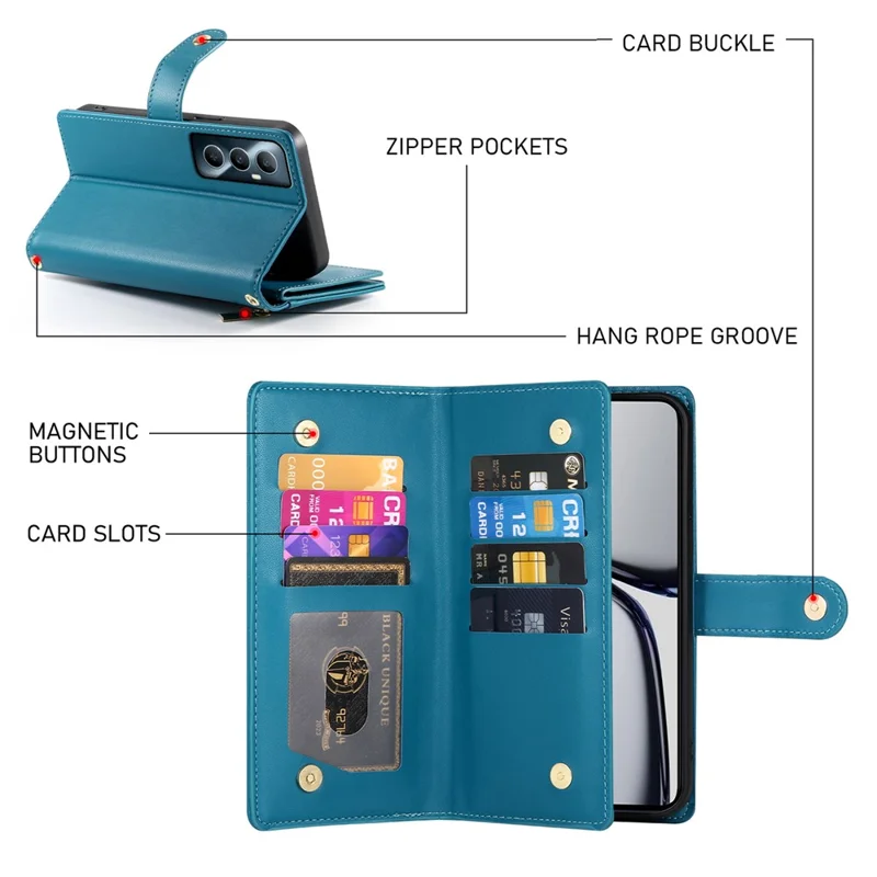 DF-011 For Realme C65 4G Case Zipper Pocket Wallet Leather Phone Cover with Straps - Blue