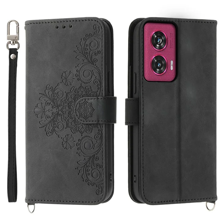 Para Motorola Edge 50 Fusion 5G Case Patrón de Flores PU Cubierta de Teléfono de Cuero Con Correa - Negro