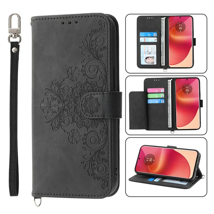 Para Motorola Edge 50 Fusion 5G Case Patrón de Flores PU Cubierta de Teléfono de Cuero Con Correa - Negro