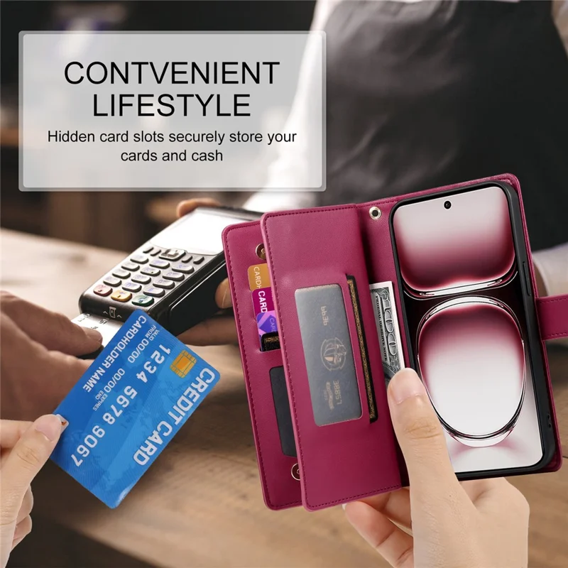 DF-011 For Oppo Reno12 5G (Global) Case Zipper Pocket Wallet Leather Phone Cover with Straps - Red