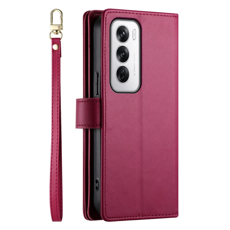 DF-011 For Oppo Reno12 5G (Global) Case Zipper Pocket Wallet Leather Phone Cover with Straps - Red