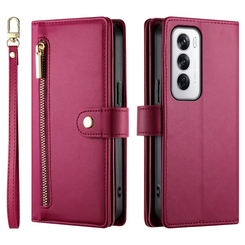 DF-011 For Oppo Reno12 5G (Global) Case Zipper Pocket Wallet Leather Phone Cover with Straps - Red