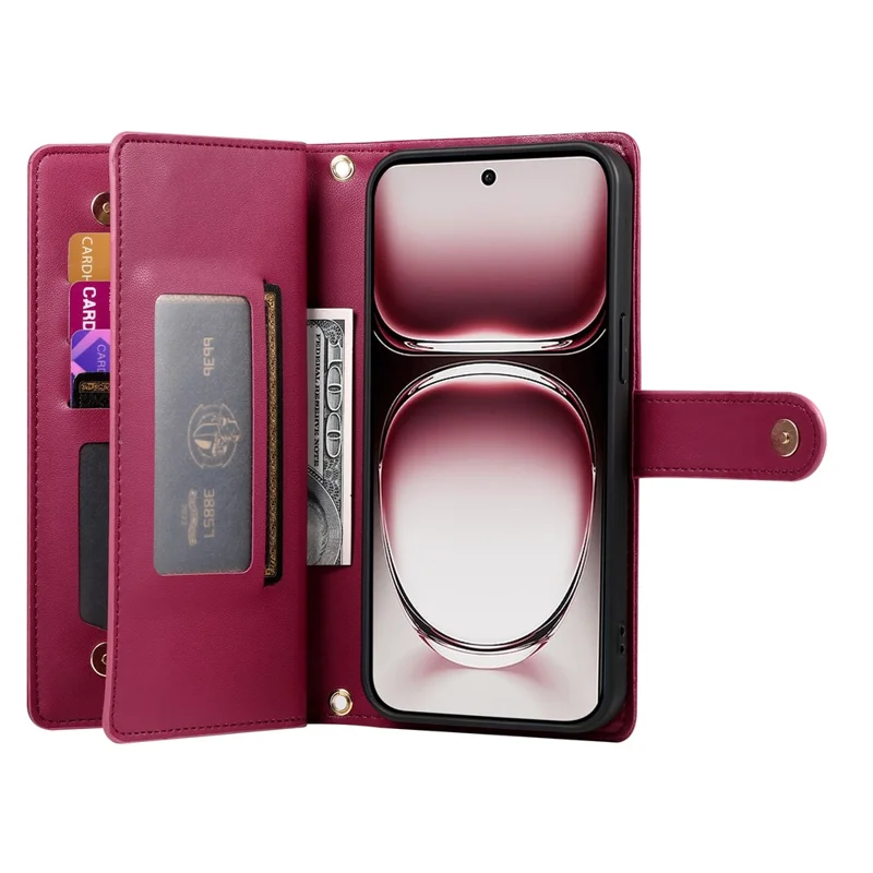 DF-011 For Oppo Reno12 5G (Global) Case Zipper Pocket Wallet Leather Phone Cover with Straps - Red