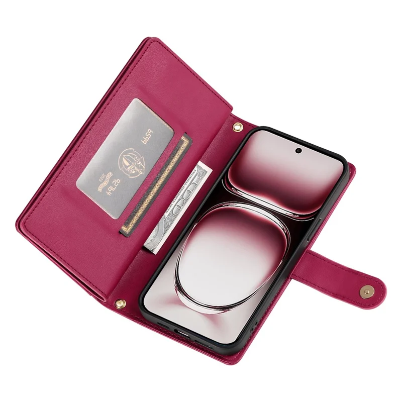 DF-011 For Oppo Reno12 5G (Global) Case Zipper Pocket Wallet Leather Phone Cover with Straps - Red