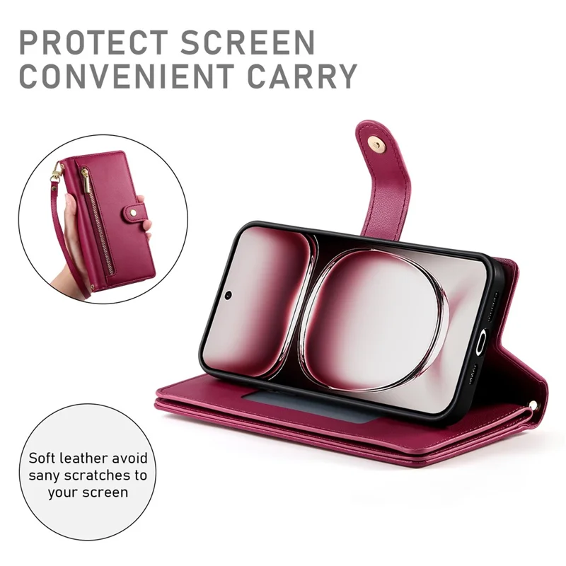 DF-011 For Oppo Reno12 5G (Global) Case Zipper Pocket Wallet Leather Phone Cover with Straps - Red