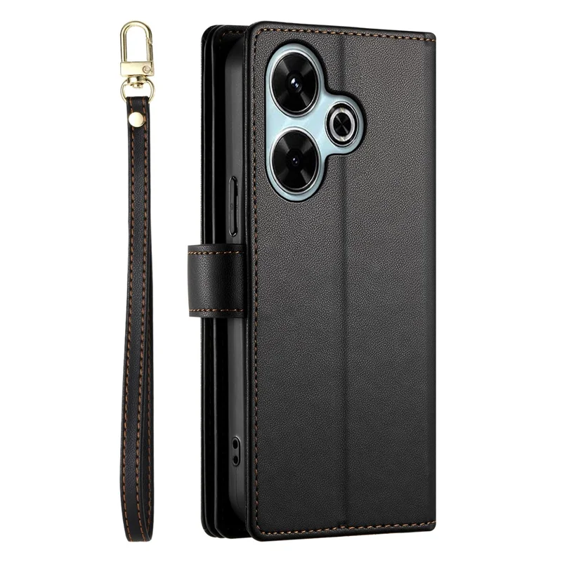 DF-011 Para Xiaomi Redmi 13 4G / 13 5 g Case Capeta de Cuero de Cuero de Billetera de Bolsillo Con Tirantes Con Correas - Negro